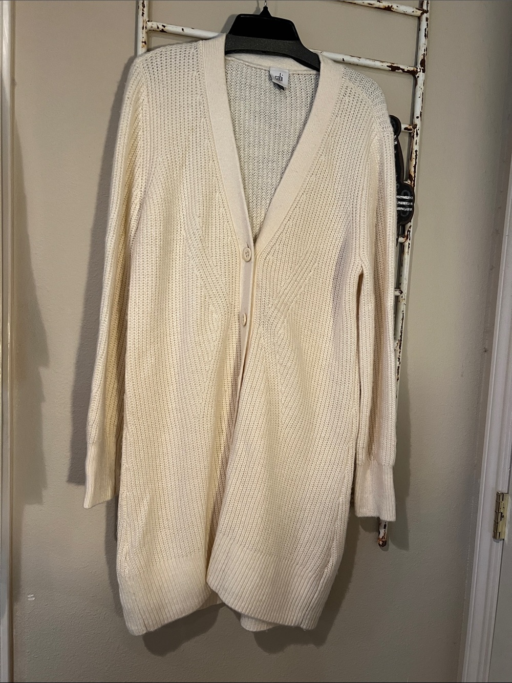 CAbi Cream Longline V-Neck Button Cardigan